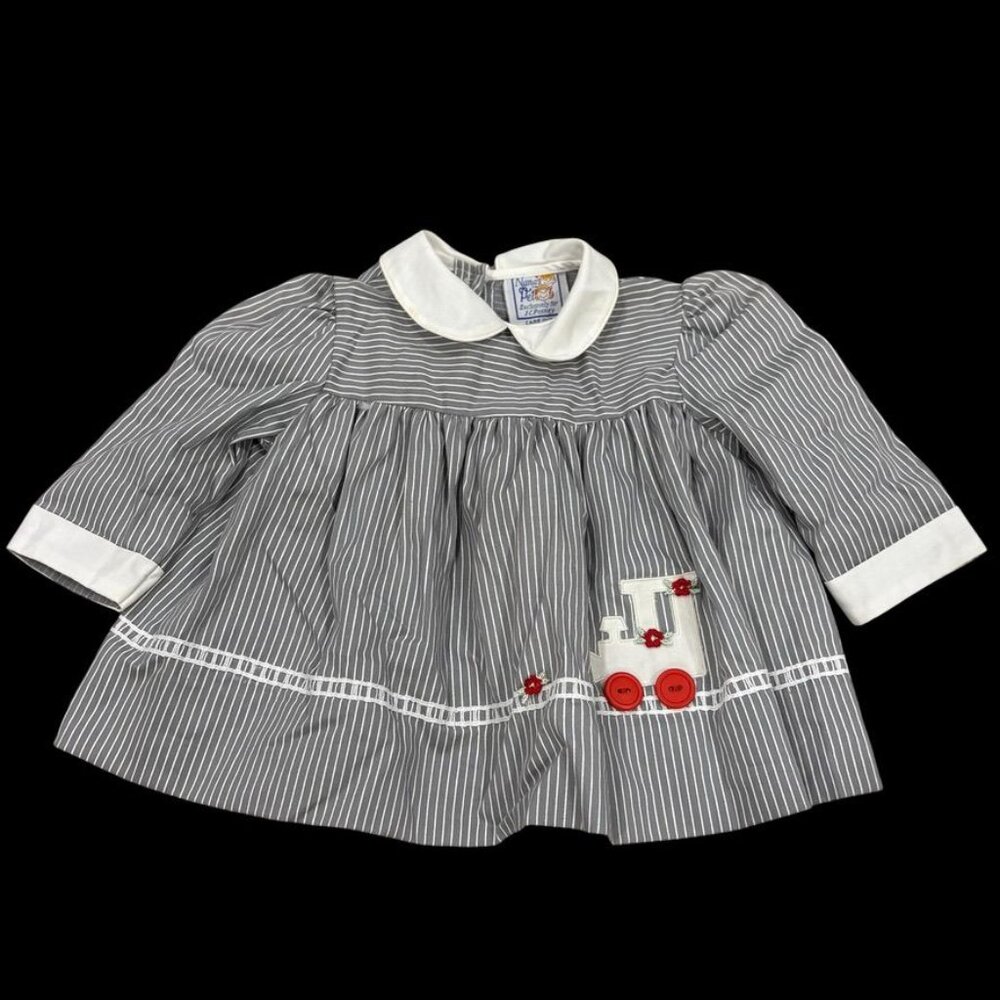 Vintage Baby Dress Nanas Pet Gray & White Striped With Train Applique 0/3 Months